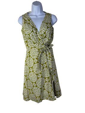 Lesley Evers Green White Floral True Wrap Dress XS Sleeveless Cotton Whimsical